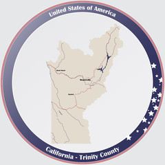 Round button with detailed map of Trinity County in California, USA.
