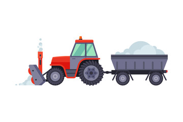Snow Plow Tractor with Trailer, Winter Snow Removal Machine, Cleaning Road Vehicle Vector Illustration
