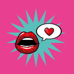 female and red pop art mouth with explosion bubble and heart vector design
