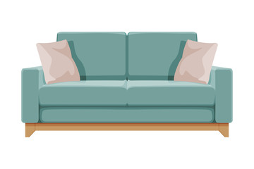 Turquoise Comfortable Sofa with Pillows, Cozy Domestic or Office Furniture, Modern Interior Design Flat Vector Illustration