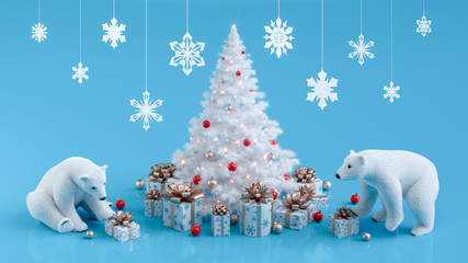 Fototapeta premium Polar bears near decorated Christmas tree with gift boxes. Sparkling illuminated Christmas lights gift boxes and snowflakes. Merry Christmas and Happy New Year greeting card. 3D illustration.