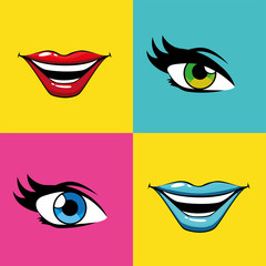 Obraz premium female pop art mouths and eyes inside frames vector design