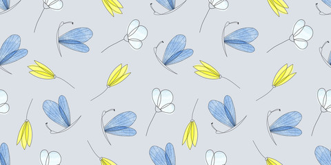 Cartoon seamless floral pattern with flowers and butterflies in vintage style for fabrics, paper, textile, gift wrap 