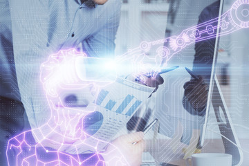 AR hologram with man working on computer on background. Augmented reality concept. Double exposure.