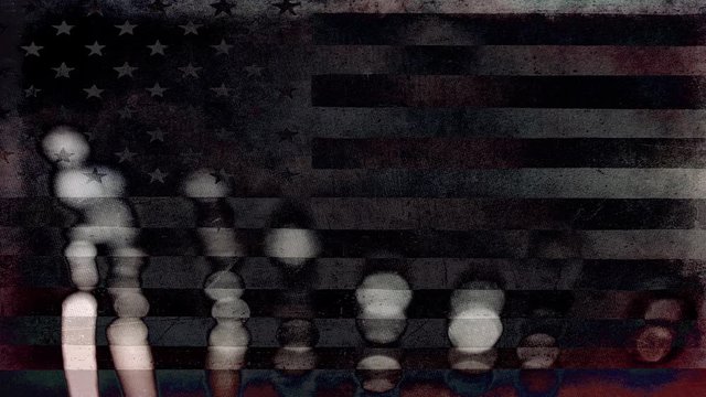 dystopian Fiction with old typewriter hammers and USA flag 