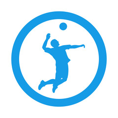 Silueta de jugador de voleibol saltando con pelota en círculo color azul