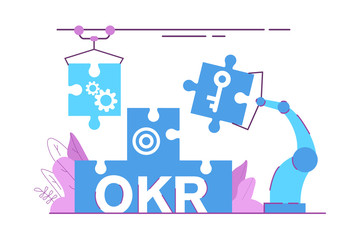 Industrial robot puzzle assembly.OKR business concept.Objectives and key results.Vector flat  illustration.