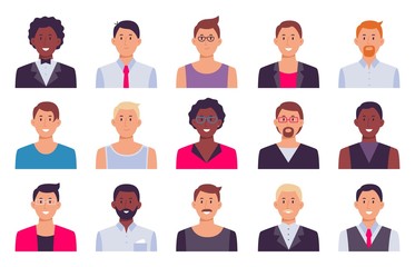 Men avatars. Male set person, collection guy character for social profile, illustration businessman student face, office stuff vector