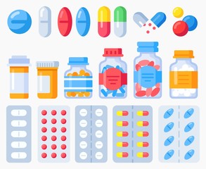 Pharmaceutical pills, medicine bottles and pills in blister packs. Pharmacy treatment, health pill, medication vitamin and tablet, vector illustration