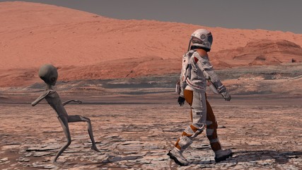 Martian sneaks behind an astronaut on Mars. Astronaut meets a Martian on Mars. First contact. Alien on Mars. 3d rendering. Elements of this video furnished by NASA. © merlin74