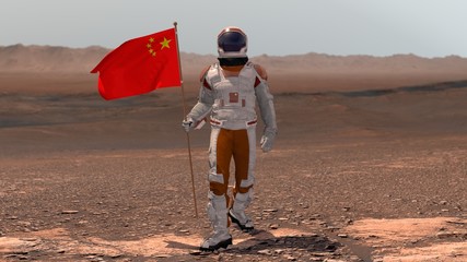 Astronaut walking on Mars with Chinese flag. Exploring Mission To Mars Red Planet. Futuristic Colonization Space Exploration Concept. 3d rendering. Colony on Mars. Elements of video furnished by NASA © merlin74