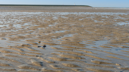 Close-up of the sand at low tide and a lighthouse at the background.