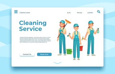 Cleaning service landing page. Professional housekeeping, people with special equipment for hygiene, cleaner company vector illustration