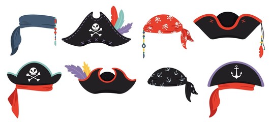 Pirates hats. Sea piracy cap fashion, buccaneer headgear, headdress accessory to party with roger, vector illustration