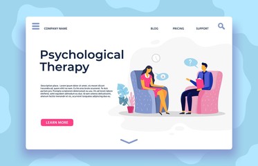 Fototapeta na wymiar Psychological therapy landing page. Therapy page landing, depression character and psychotherapist support, vector illustration