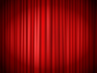Red curtains background. Red curtain at stage for show, velvet presentation textile, concert theatrical elegant interior. Vector illustration