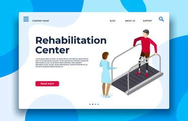 Rehabilitation center landing page. Vector rehabilitation and recovery patient, physiotherapy medical for health illustration