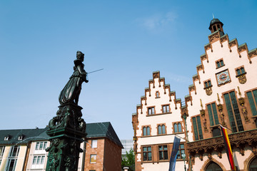 Romerberg old town square and Fountain of Justice in Frankfurt, Germany