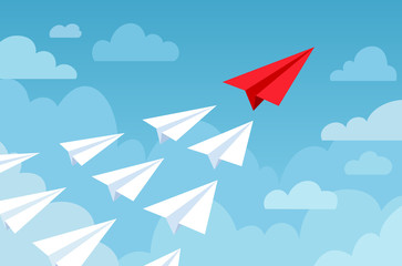 Paper plane. Flying planes white and red color, start up new idea, leadership. Business competition, success financial goal vector concept. Paper plane, airplane origami in sky illustration