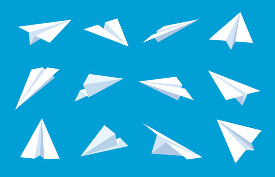 Paper plane. Flying planes in blue sky, white paper airplanes from different direction, message or traveling flat vector symbols. Paper plane in blue sky, sheet origami aircraft illustration