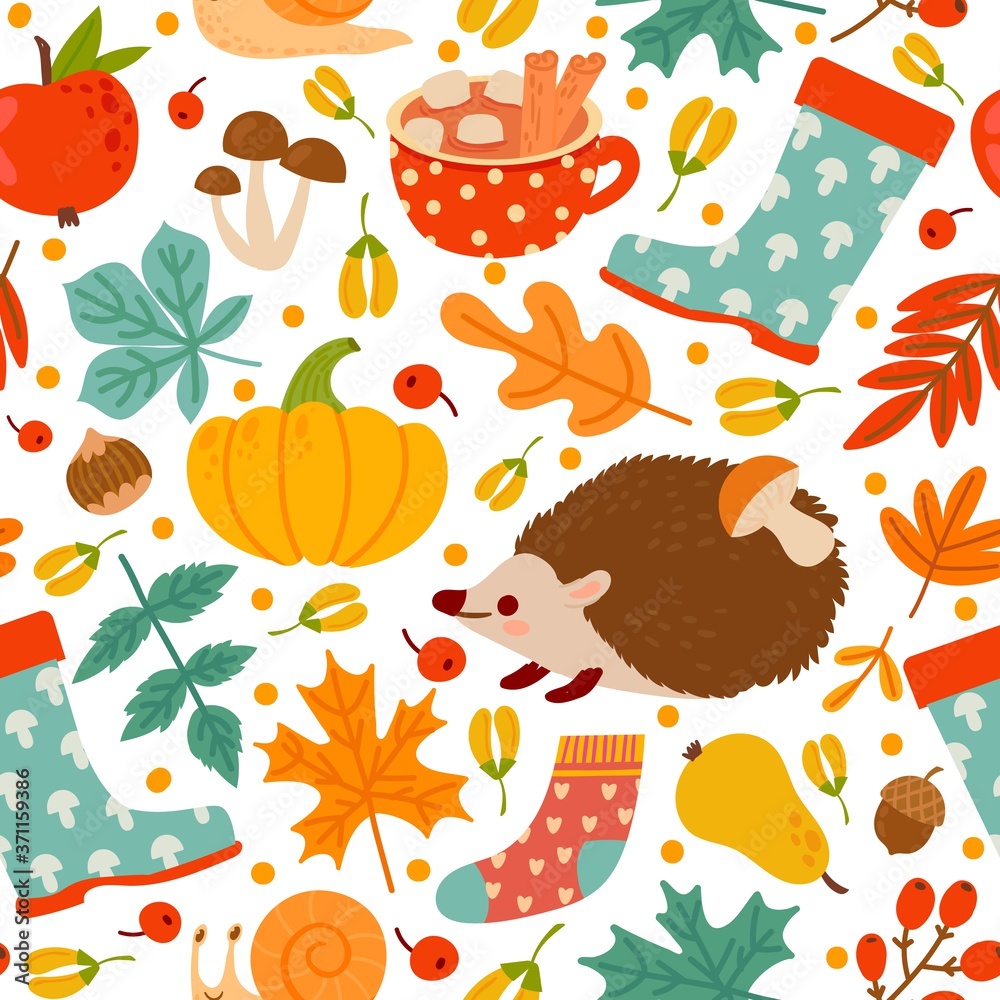 Wall mural Autumn seamless pattern. Drawing pumpkin, nuts, plants. Abstract harvest time, thanksgiving day print paper or textile vector texture. Illustration seamless endless, sweater and rubber boots