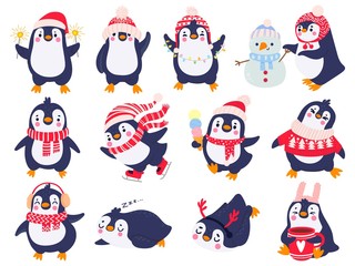 Penguin. Hand drawn cute penguins in winter clothing and hat, merry christmas greetings animals in outerwear, kids cartoon vector set. Penguin animal winter, illustration sketch holiday character