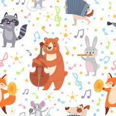 Naklejka premium Animal musicians seamless pattern. Funny animals musicians play different musical instruments wallpaper, wrapping or textile vector texture. Musician animal with instrument orchestra