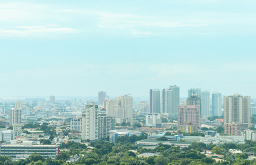 Manila, Philippines - August 12 2020: Manila skyline cityscape shot wide angle. 