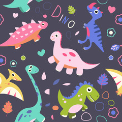 Vector kids cartoon dinosaurs seamless pattern. Illustration for textile and texture design