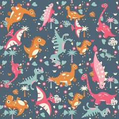 Vector kids cartoon dinosaurs seamless pattern. Illustration for textile and texture design