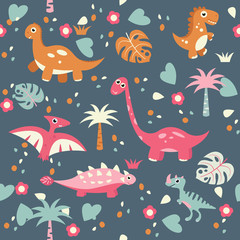 Obraz na płótnie Canvas Vector kids cartoon dinosaurs seamless pattern. Illustration for textile and texture design