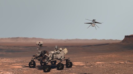 Mars. Perseverance rover and Ingenuity helicopter explore Mars against the backdrop of a real Martian landscape. Exploring Mission To Mars. Elements of this video furnished by NASA. 3d rendering. - obrazy, fototapety, plakaty