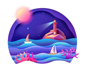 Naklejka premium Night sky behind a lighthouse. Business sailing, paper art, abstract illustration, business service, concept art, solution