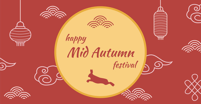 Greeting card for chinese mid-autumn fest. Banner with caption Happy Mid Autumn Festival on red background with traditional elements. Chinese goddess of the Moon and jade bunny. Vector illustration