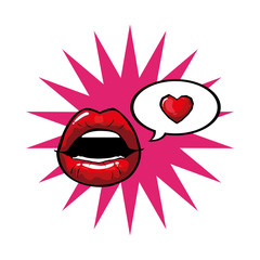 female and red pop art mouth with explosion bubble and heart vector design