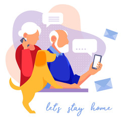 Lets stay seniors with dog at home concept. Grandmother talking on the phone. Grandfather chatting on the phone with relatives. Vector illustration