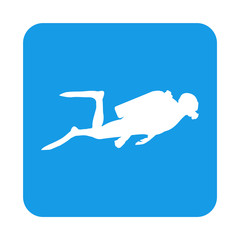 Concepto buceo deportivo. Silueta buzo en cuadrado color azul