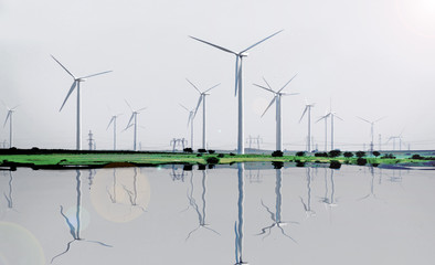 Clean energy. Wind- eolian energy. Field with many wind turbines. Alternative energy