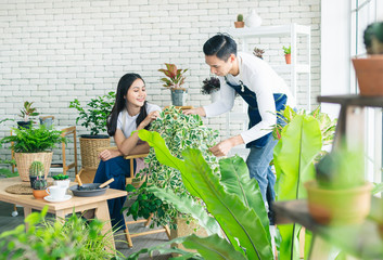 Obraz premium asia handsome man and beautiful woman taking care of her potted plants at home