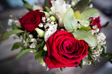 A bouquet of red and white roses for an anniversary