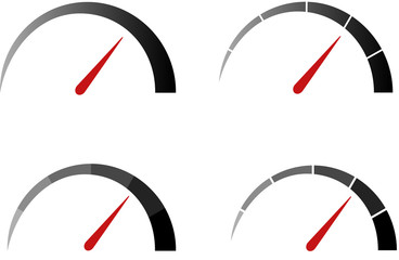 Speedometer, tachometer icon. Colour speedometer set. Scale from red to green performance measurement. Fast speed sign. 