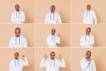 Several images of a afroamerican man doing gestures
