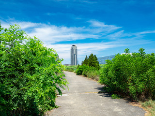 夏の青空広がる埼玉県川口市の風景。荒川河川敷。