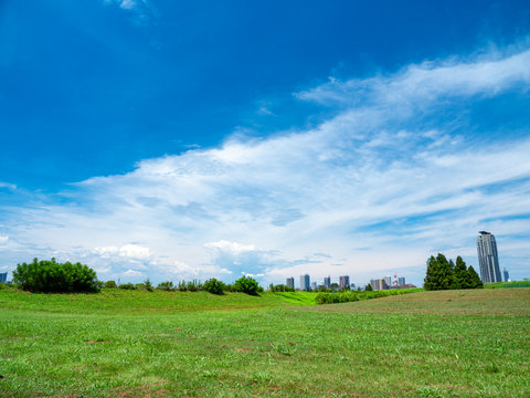 夏の青空広がる埼玉県川口市の風景。荒川河川敷。