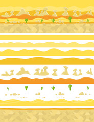Parallax ready layers. Desert sand landscape panorama. Game background. Seamless pattern. Unending vector flat illustration. Horizontal banner.