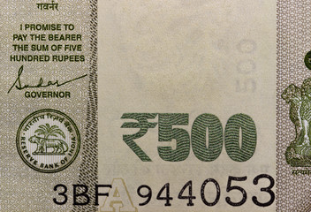 macro image of Indian currency 500 rupee note