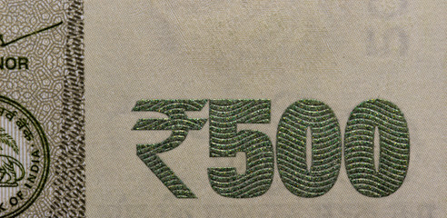 macro image of Indian currency 500 rupee note