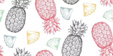 Wall murals Pineapple Vector seamless pattern with hand drawn fresh fruits in sketch style. Ripe pineapples and slices.