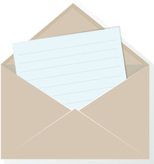 An open brown envelope made of paper with a blank white sheet layout in line for writing a letter or important information. Symbol of a postal message