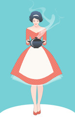 Beautiful housewife dressed in the style of the 50s in a polka dot dress, carrying a steaming pot